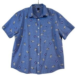 NASA Mens XL Blue Astronaut Space AOP Short Sleeve Button Down Shirt Logo STEM